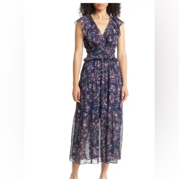 MELLODAY Floral Chiffon Midi Maxi Deep V-neck Flutter Sleeve Dress w Pockets - Picture 3 of 17